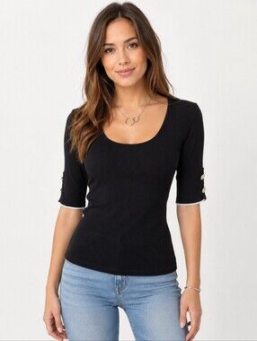 Zara Black Scoop Neck Ribbed Short-Sleeve Top with Button Trim